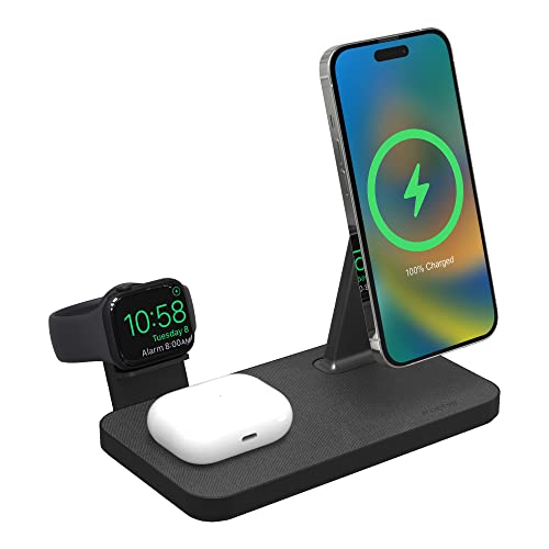 mophie Snap+ 3-in-1, 15w Wireless Charger Compatible with iPhone14, MagSafe, & other Qi Enabled Phones, AirPods, Adapter for Smart Watch (Apple or Galaxy) (Watch Charger Not Included, Attach Your Own)
