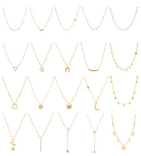 Honsny 20PCS 14K Gold Plated Choker Necklaces for Women, Dainty Gold Diamond Coin Pearl Pendant Simple Chain Necklace Set Cute Gold Layered Necklaces for Women Teen Girls Jewelry Gifts