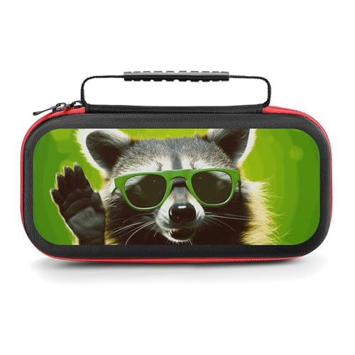 AoHanan Switch Carrying Case Funny Raccoon Green Sunglasses Switch Game Case with 20 Games Cartridges Hard Shell Travel Protection Storage Case for Console & Accessories