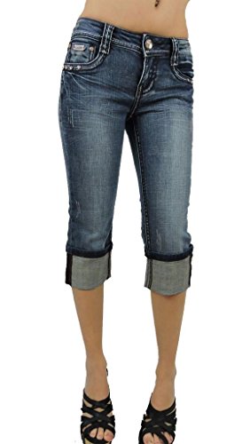 L.a. Idol Women Capri Jeans Angel Wing Crystal Stretch in Vintage Blue Wash
