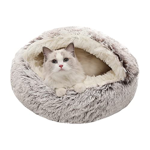 Calming Dog Beds & Cat Cave Bed with Hooded Cover,Removable Washable Round Beds for Small Medium Pets,Anti-Slip Faux Fur Fluffy Coved Bed for Improved Sleep,Fits up to 15/25 lbs (Small,20'x20')