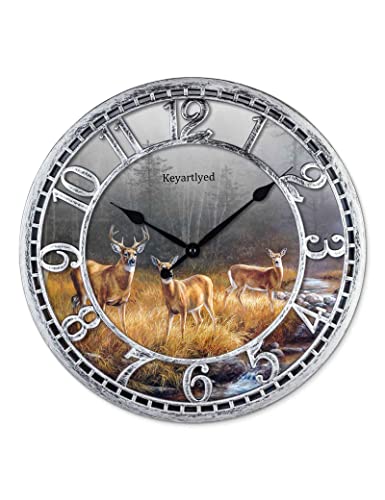 WANGIRO Great Looking Deer Clock Wildlife Wall Clock Silent Non Ticking Battery Operated 12 Inch Quality Plastic Round Wall Clocks for Home Kitchen Living Room Bedroom Office Decor (Antique Silver)