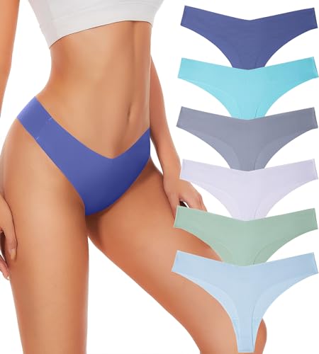 Hellopopgo Seamless Thongs For Womens V-waisted No Show Thong Seamless Panties Breathable Comfortable Underwear Women 6-Pack,Medium