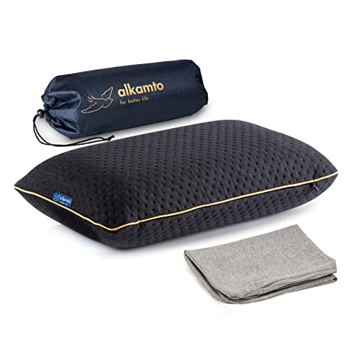 alkamto Travel & Camping Comfortable Memory Foam Pillow with Extra Cotton Cover – Easy to Carry Portable Bag – Temperature Regulating Pillow Case