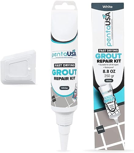 PentaUSA Tile Grout Repair Kit - White Grout Filler, Triple Protection, Fast Drying Formula Restores and Renews Grout Lines (White 8.8 oz)
