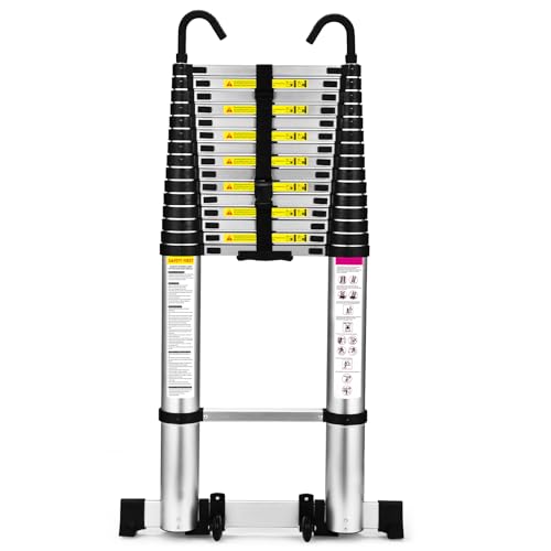 Telescoping Ladder, SocTone 20.3 FT Aluminum Lightweight Extension Ladder with Wheels and Stabilizer Bar, Heavy Duty 330lbs Max Capacity, Multi-Purpose Collapsible Ladder for RV or Outdoor Work