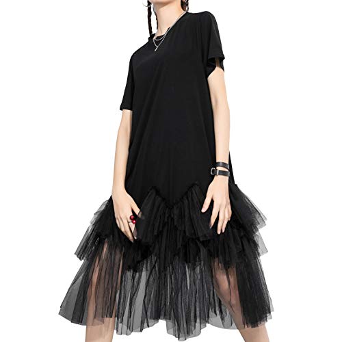 ellazhu Women's Casual Short Sleeve Crew Neck Tutu Tulle Dress with an Oversized Fit GY2266 Black