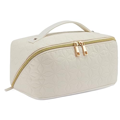 Telena Makeup Bag Large Capacity Travel Cosmetic Bag Portable Lightweight Makeup Organizer Bags for Women with Handle and Divider Open Flat Off White