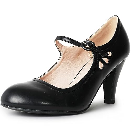 Kitten Heels Mary Jane Pumps By Zooshoo- Adorable Vintage Shoes- Unique Round Toe Design With An Adjustable Strap,Black,6.5 B(M) US