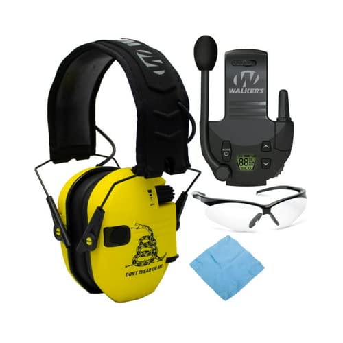 Walker's Razor Shooting Muff (Don't Tread On Me Yellow) Bundle with Tactical/Hunting Walkie Talkie Attachment, Sport Shooting Glasses, and Microfiber Cleaning Cloth (4 Items)