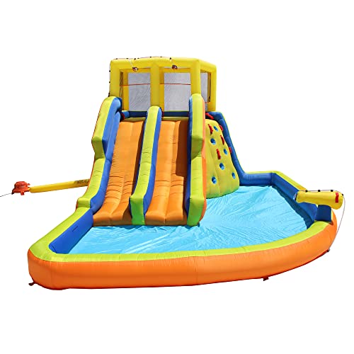 BANZAI Double Drench Water Park, Length: 15 ft, Width: 11 ft 5 in, Height: 8 ft 4 in, Inflatable Outdoor Backyard Water Slide Splash Toy
