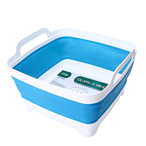 FOSJGO Dish Basin Collapsible with Drain Plug Carry Handles for 9 L Capacity, Collapsible Sink Tub, Dish Wash Basin, Portable Dish Tub, Foldable Dishpan for Camping Dish Washing Tub and RV Sink