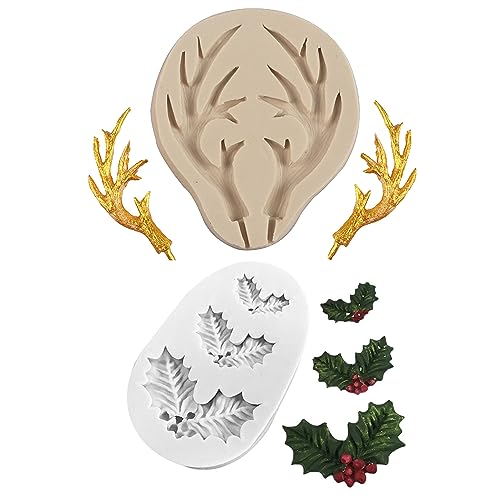 2 Pcs Christmas Holly Leafs Reindeer Elk Antlers Silicone Molds, Chocolate Candy Molds Jelly Cake Baking Mold, Gum Paste Polymer Clay Resin Mould
