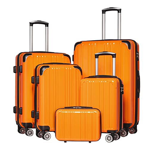 Coolife Luggage Expandable 5 Piece Sets PC+ABS Spinner Suitcase 20 inch 24 inch 28 inch (orange new)
