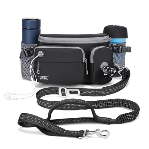 TUDEQU 4-in-1 Hands Free Dog Leash with Waist Bag,5.8FT Dog Running Leash,Adjustable Waist Belt for Walking Training Hiking Jogging Biking,Car Seat Belt Buckle,Reflective Stitches