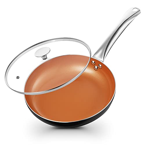 11' Skillet for Frying - Copper Nonstick Frying Pan with Lid, 100% PFOA-Free, All Stove Tops Available, Ceramic Nonstick Coating, Stainless Steel Handle, Cooking Skillet with Lid. Pan for Oven & Stove