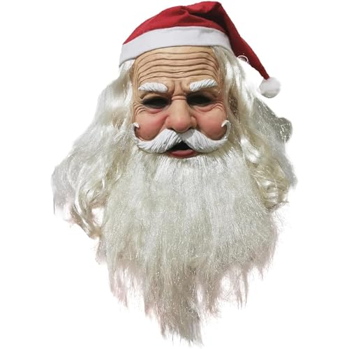 Santa Mask With Beard.Christmas Santa Claus Mask for Men and Women.Realistic Latex Mask With Red Hat