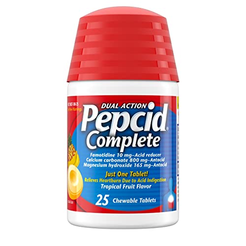 Pepcid Complete Acid Reducer + Antacid Chewables, 10 mg Famotidine, 800 mg Calcium Carbonate & 165 mg Magnesium Hydroxide per Tablet, Antacid Chews for Heartburn, Tropical Fruit, 25 Ct