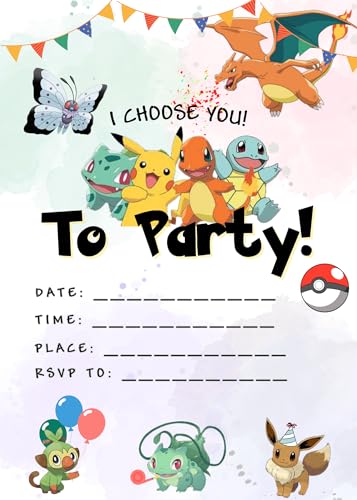 Gotta Catch 'Em All: Anime Birthday Party Invitations (Set of 10 with Optional Envelopes) anime cartoon birthday invitation card boy girl age 4 5 6 7 8 9 10 11 12 13 14 party invitations