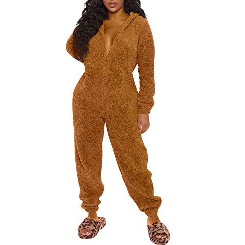 Women One Piece Fuzzy Warm Sherpa Hooded Pajamas Jumpsuit Zip Up Onesie Sleepwear with Bear Ear Nightwear (Brown, M)