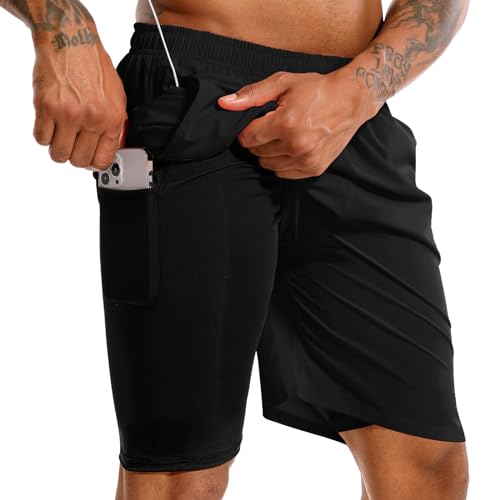 TENJOY Men's 2 in 1 Running Shorts 7' Quick Dry Gym Athletic Workout Shorts for Men with Phone Pockets Black
