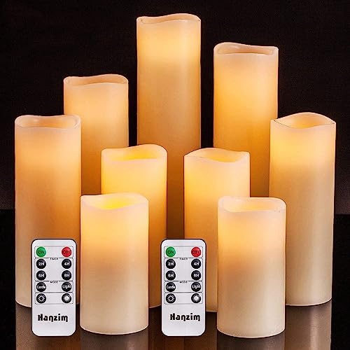 Flameless Flickering Battery Operated Candles 4' 5' 6' 7' 8' 9' Set of 9 Ivory Real Wax Pillar LED Candles with 10-Key Remote and Cycling 24 Hours Timer (Ivory)