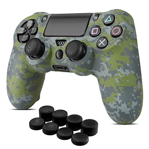 TNP Controller Skins for PS4 - Silicone Protector Case Skin for Playstation 4 Controller Compatible with PS4 Slim, PS4 Pro Controller, Camo Mosaic Green Cover for PS4 Controller w/Thumb Grip Caps
