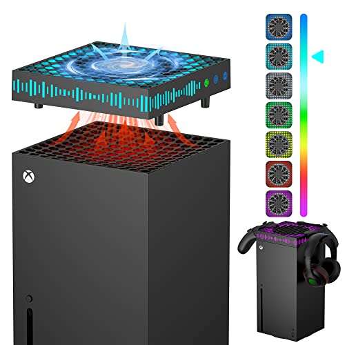 Cooling Fan for Xbox Series X with RGB LED Light Strip & 3 Detachable Hooks, Wiilkac Adjustable Speed Cooler Fan System Built-in Dust Filter, Low Noise Top Fan with Independent Fan&Light Touch Switch