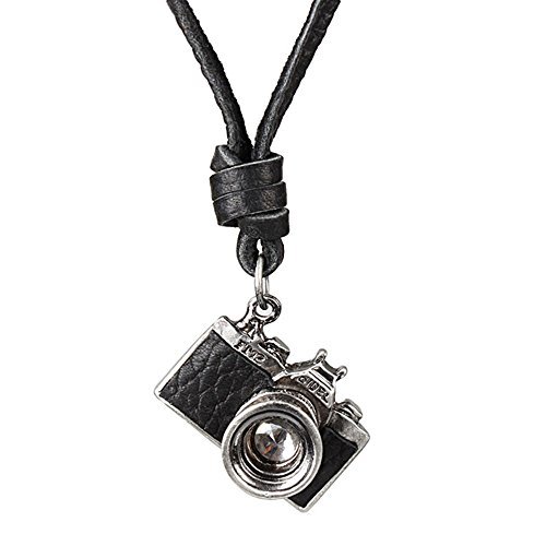 COOSTUFF ANNA Vintage Men Women Jewelry Rock Punk Camera Pendant Genuine Leather Long Necklace Women Gift Colar Choker (Black)