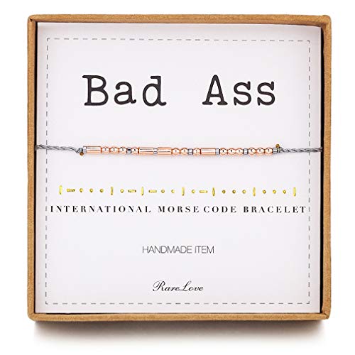 RareLove Bad Ass Morse Code Bracelets Inspirational Friendship Gift For Women Girls Rose Golden Beads Grey String Bracelet