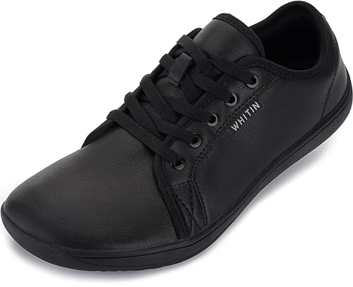 WHITIN Men's Extra Wide Fashion Leather Barefoot Sneakers Zero Drop Sole Size 11 Minimus Casual Minimalist Shoes Fitness Workout Walking All Black 45