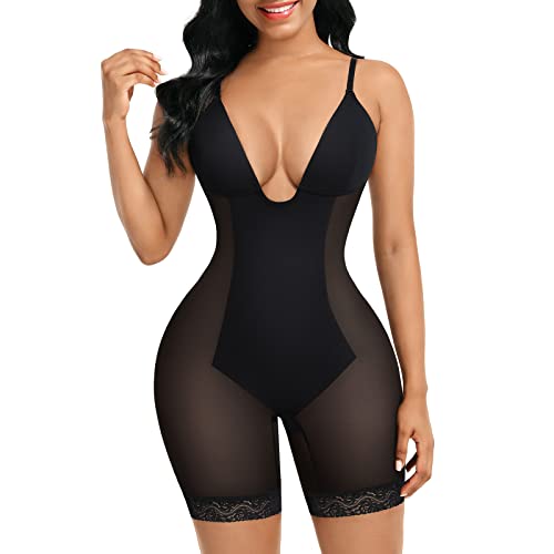 FeelinGirl Shapewear for Women Tummy Control Seamless Faja Mesh Built-in Bra Body Shaper with U Plunge Black L