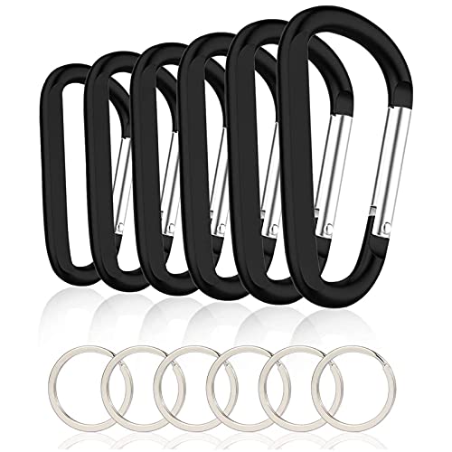 6PCS Black Carabiner Caribeaner Clip,3' Large Aluminum D Ring Shape Carabeaner with 6PCS Keyring Keychain Hook