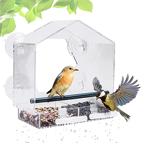 Fubullish Window Bird Feeder, Large Bird House Feeders for Outside with 4 Strong Suction Cups & 2 Extra Bird Stands, Removable Tray and Drain Holes, Birdhouse Shape, Clear Acrylic for Bird Watching