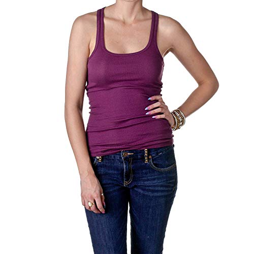 Zenana Women's Plain Solid Color Ribbed Racerback Tank Top Shirt - Dk Purple, S