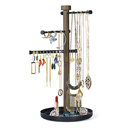 SRIWATANA Jewelry Holder Stand, 3 Tier Jewelry Tree Organizer Wood for Earring Bracelet Necklace Hanging with Movable Metal Bar