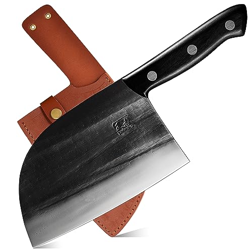 ENOKING Serbian Chef Knife 6.7 Inch, Handmade Professional Meat Cleaver Knife with Leather Sheath, High-Carbon Clad Steel Butcher Knife with Full Tang Handle for Kitchen, Camping, BBQ