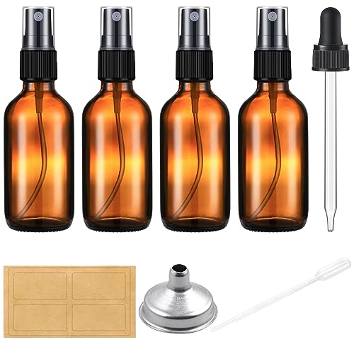 AOZITA 2 oz Amber Glass Spray Bottles for Essential Oils, Empty Small Fine Mist and Refillable Mister, Mini Travel Bottle for Cleaning Solutions and Skin Care, Glass dropper and funnel included.