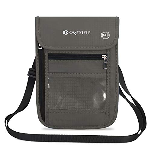 OMYSTYLE Travel Neck Pouch, RFID Passport Holder with Adjustable Neck Strap, Waterproof Neck Wallet for Men & Women to Keep Cash, Credit Cards and Documents Safe, Grey (8x6)