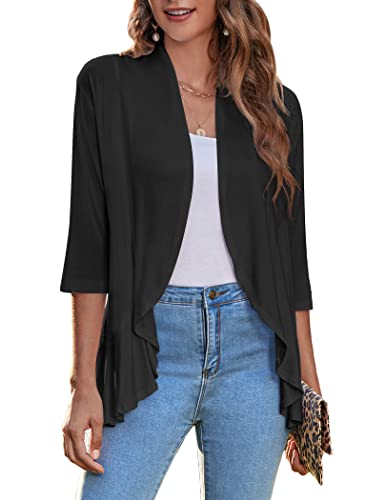 Zeagoo Women's Open Front 3/4 Sleeve Draped Ruffles Knit Cardigan Medium Black