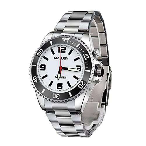 MAUJOY Clear and Loud English Talking Watch for Men, One Touch Time, Date and Alarm Time, Stainless Steel Band, Elderly, Visually Impaired and Blind People