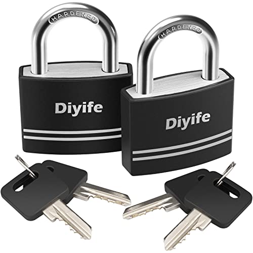 Padlock with Key, [2 Pack] [4 Keys] Diyife Aluminum Padlock Waterproof Lock, Key Lock, Keyed Padlocks, School, Gym Locker, Office, Fence, Outdoor and Indoor, Black