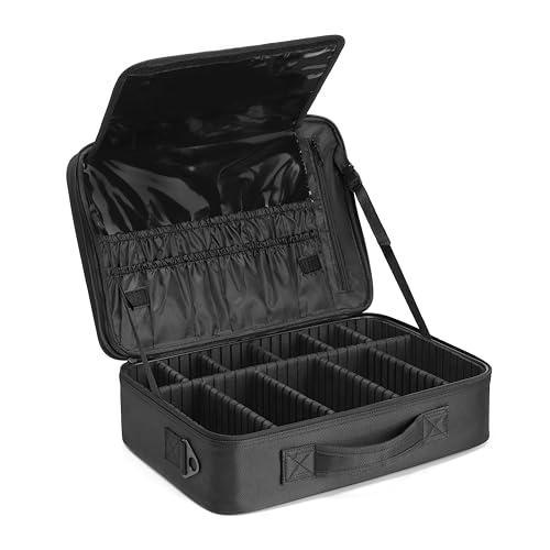 Vlando Large Make up Bag Case Organizer for Women Adjustable Dividers for Travel Makeup Cosmetics Make up Bags Brushes Lipstick Facial Mask Case Black