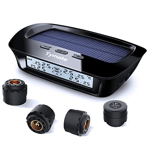 Tymate RV Tire Pressure Monitoring System - M12-3 Tire Pressure Monitor System (0-145 PSI) with Solar Charge, 5 Alarm Modes, Auto Sleep Mode, LCD Display, RV TPMS with 4 Sensors, Easy to Install