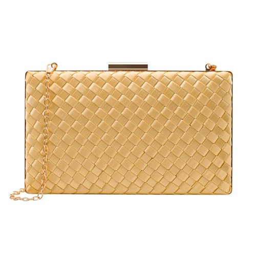 expouch Weaved Pattern PU Clutch Bag Evening Bag Purses for Women Party Handbag Shoulder Cross Body Bag With Detachable Chain (Gold)