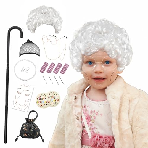 LFDAVP Old Lady Costume Wig for Girls, 100th Day Of School Kids Granny Wigs 20Pcs (White)
