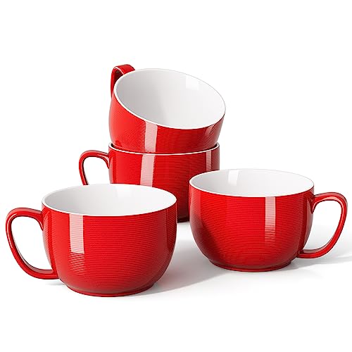 Teocera Red Mugs Set of 4, 24oz Jumbo Mugs, Large Coffee Mugs for Coffee, Hot Cocoa, Tea - Striped Design - Microwave Safe, Christmas Gift