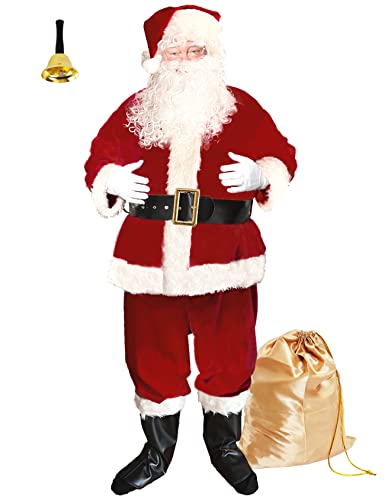 ADOMI Santa Claus Costume for Men Adults Santa Suit 11pcs Red Velvet Deluxe Christmas Clause Outfit Cosplay Holiday Set M