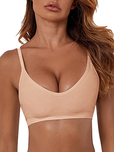 Verdusa Women's Scoop Neck Spaghetti Strap Seamless Bra Top Crop Bralette Nude M