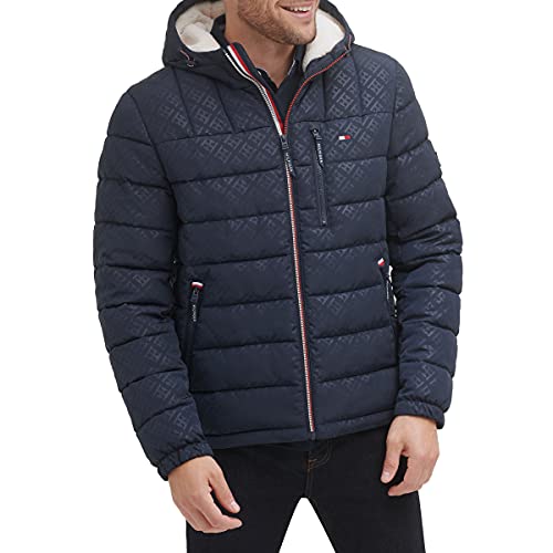Tommy Hilfiger Men's Midweight Sherpa Lined Hooded Water Resistant Puffer Jacket, Tommy Logo Tech Navy, Small